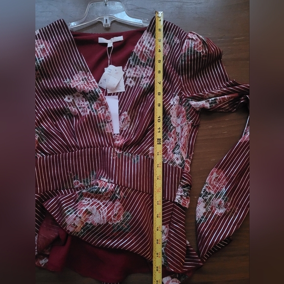 Wayf Cranberry Red Floral Silver Striped Long Sleeve Blouse Size Extra Small - Picture 12 of 16